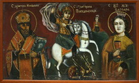 Картина с изображением святых Николай Чудотворец, Георгий Победоносец,