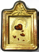  Владимирская Икона Богородицы, в окладе и киоте.  Дерево, масло, окла