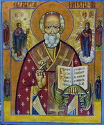 Икона в киоте Св. Николай Чудотворец. Дерево, левкас, сусальное золото